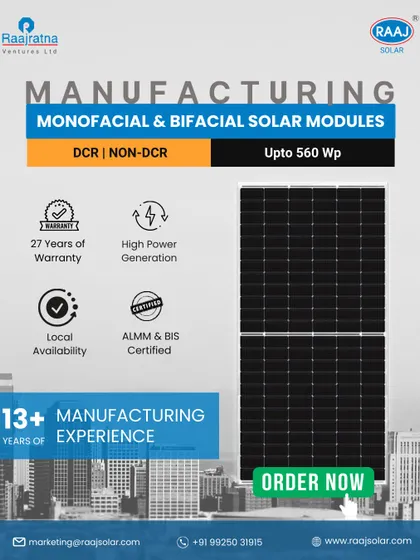 With over 13 years of manufacturing experience, we produce high-quality Monofacial and Bifacial solar modules. Our panels are ALMM & BIS certified and available in both DCR and Non-DCR options up to 560 Wp.