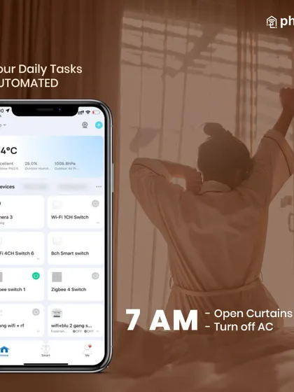 I help you automate your daily routine with smart scheduling. Here, you can see how the Phlipton app is set to automatically open the curtains at 7 AM, letting you wake up naturally with the sun instead of a jarring alarm.