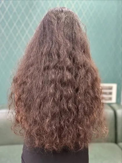 The "before" shot. This shows the client's naturally frizzy and undefined long hair before we worked our magic.
