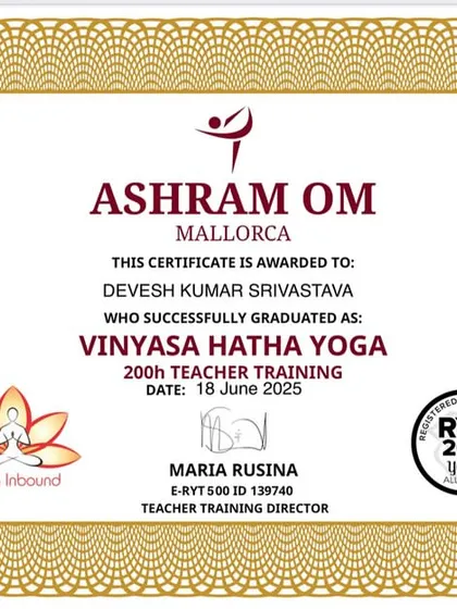My certificate for completing a 200-hour Vinyasa Hatha Yoga Teacher Training from Ashram Om, a foundational part of my journey as a yoga instructor.