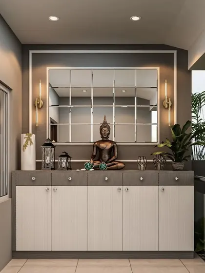 We transformed this balcony into a peaceful prayer nook. The compact cabinet provides storage, while the Buddha statue and mirrored backdrop create a serene space for reflection with a view.