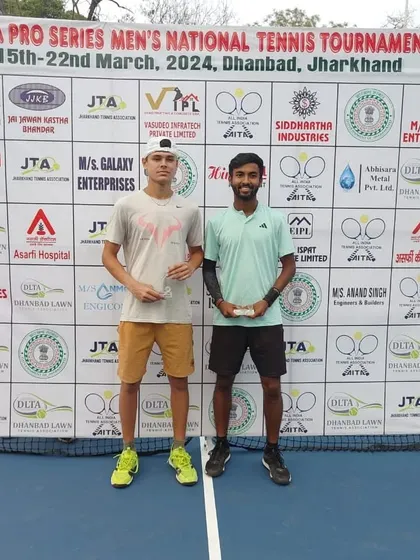 The prize ceremony at the AITA Pro Series Men's National Tennis Tournament in Jharkhand, with our winner Anup Bangargi.