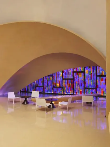 Another view of our unique lounge area, where modern design and artistic lighting come together to create a space that is both stylish and serene.