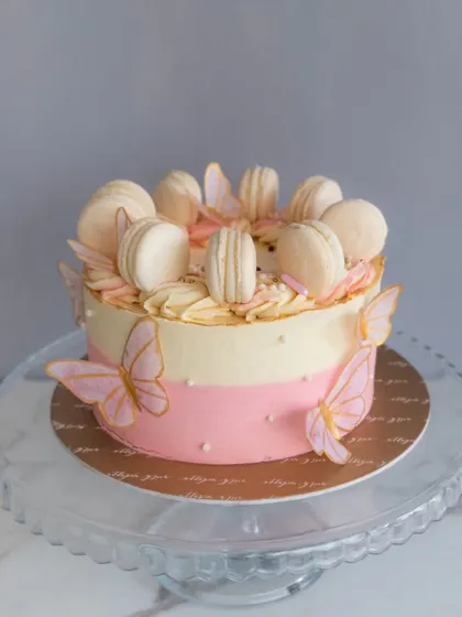 The full view of my butterfly and macaron cake. It’s a simple yet stunning design that combines delicate artistry with the delicious taste of fresh cake and French macarons.