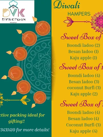 My Diwali hamper menu, showing the different sweet box combinations available for gifting. You can choose from pre-set boxes of 4, 12, or 15 sweets, all with attractive packaging.
