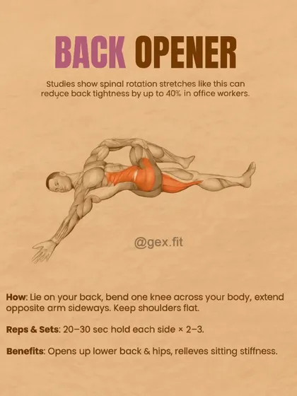 This back opener stretch is a simple yet effective way to relieve lower back and hip tightness. Studies show that spinal rotation stretches like this can reduce back tightness by up to 40%, making it essential for anyone who spends their day sitting.
