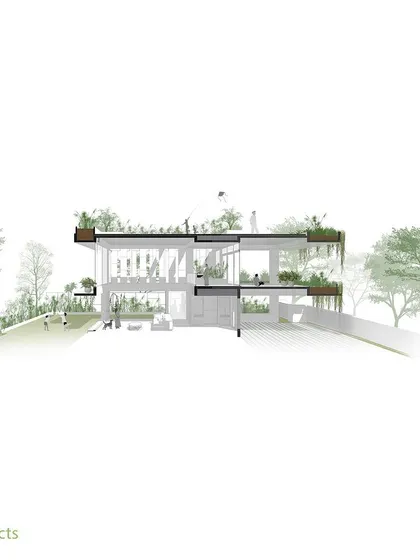 This sectional diagram of the "House of Greens" illustrates the core concept: making the landscape accessible at every level. These drawings are crucial tools for communicating the design intent.