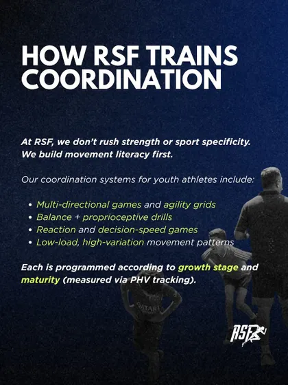 This graphic details how our programs train coordination. We use multi-directional games, balance drills, and reaction-speed games, all programmed according to a child's specific growth stage and maturity level, which we track via PHV.