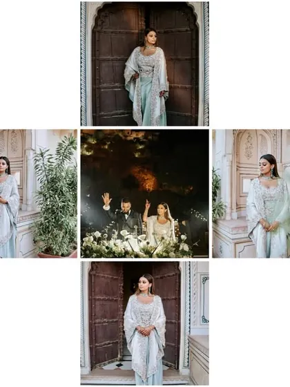 A collage showcasing the bride's elegant reception look and the beautiful decor. It provides a complete picture of the style and ambiance of the event.