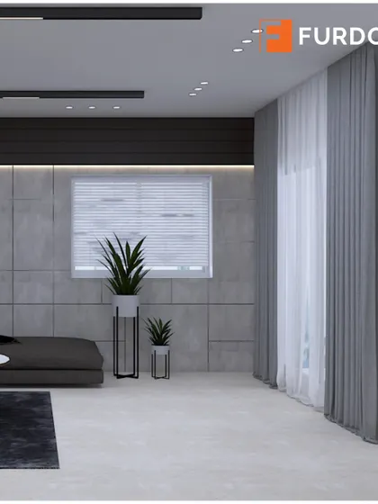 A monochromatic living room concept in a cool grey palette, focusing on texture and minimalist forms.