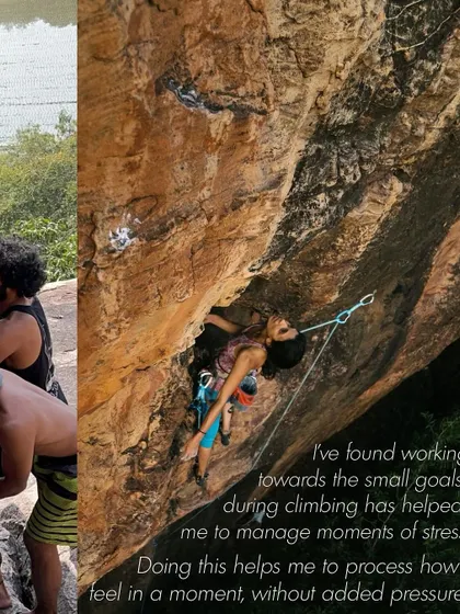 A duplicate of 100, this collage illustrates the connection between the physical act of climbing and the mental benefits of processing stress and focusing on the present.