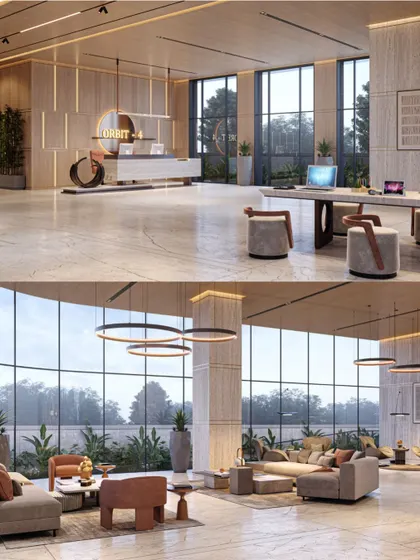 For this commercial building lobby in Surat, the diamond city, we took inspiration from the facets of a diamond. The design features clean lines, geometric forms, and a grand, double-height space filled with natural light to create a timeless and elegant entrance.