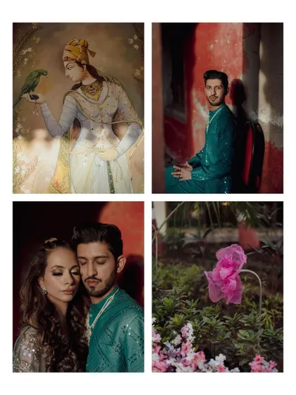 A creative collage from a Mehendi or Sangeet, blending portraits of the couple with artistic details and floral elements for a moody, romantic feel.