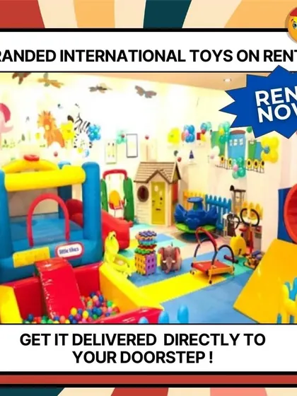 This image highlights a premium indoor setup with a Little Tikes bouncy castle and ball pit, surrounded by other toys. I use only international branded toys to ensure the highest quality and safety for your children.