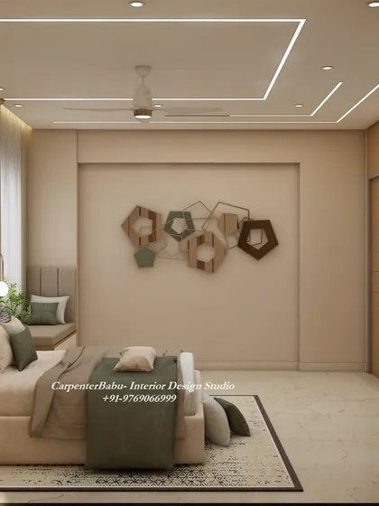 The wall opposite the bed features a unique wooden art installation, adding a rustic and artistic touch to the modern bedroom.