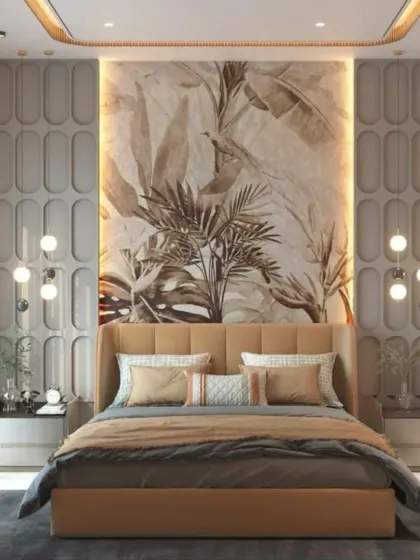We used bold, tropical-themed wallpaper and textured wall panels to create a unique and character-filled bedroom. The warm tones of the bed and side tables complement the dramatic accent wall.