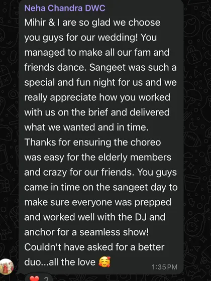 "Couldn't have asked for a better duo." This client had a clear vision on an excel sheet, and we loved bringing it to life, ensuring the choreography was easy for elders and crazy for friends.