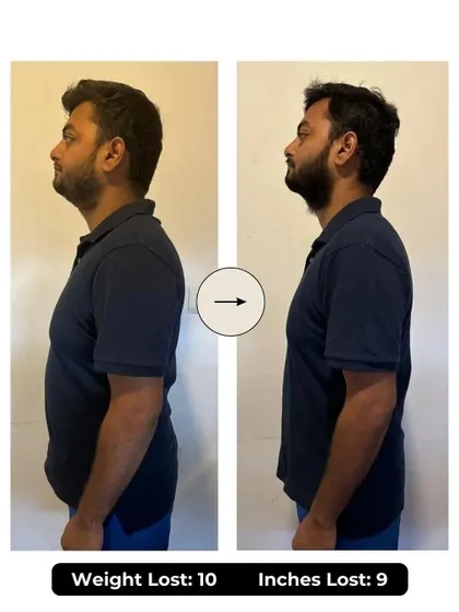Pranav lost 10 kgs and 9 inches in 6 weeks. He committed to 5 weekly workouts, 12k daily steps, and a strict diet, reducing his body fat by 3.6% and building remarkable strength.