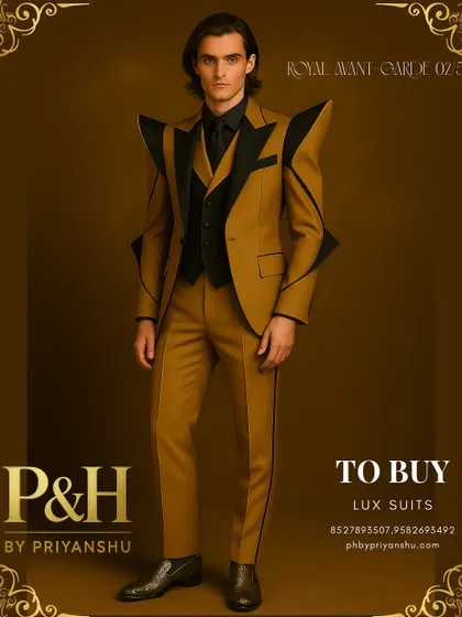 A full-length view of the gold and black shark suit, paired with textured loafers. This shot captures the complete, powerful silhouette and the confident stance it inspires.
