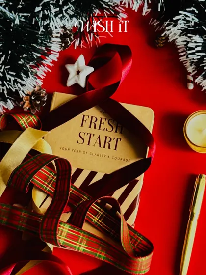 Our "Reset Kit" styled with festive Christmas decor. It's a thoughtful gift for the end of the year, encouraging a moment of pause and reflection.