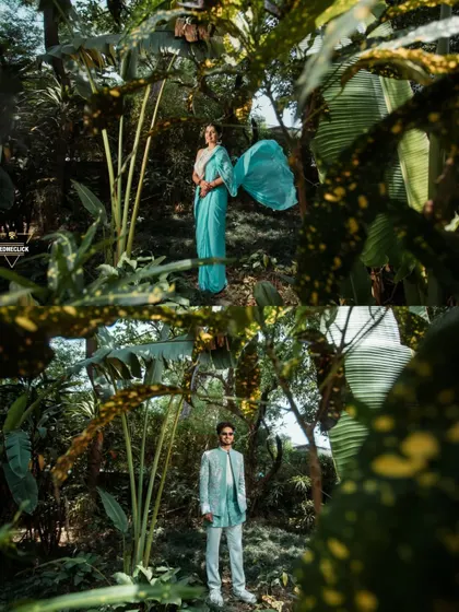 A creative diptych with individual portraits of the bride and groom in a tropical setting. This style of photography highlights each person's personality and style while keeping a cohesive look.