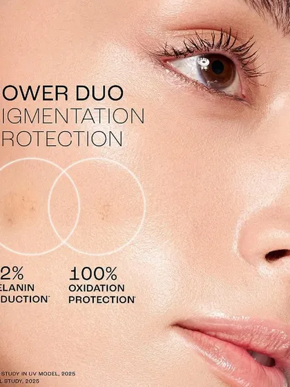 An informational beauty shot for Lakmé's 'Power Duo' pigmentation protection. The image uses graphics to illustrate the product's benefits, such as melanin reduction and oxidation protection, in a clear and scientific manner.
