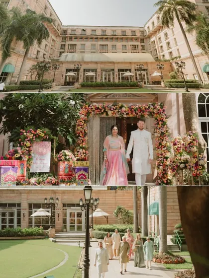 A collage showing the grand entrance of the couple and their guests at the beautiful ITC Maratha for a vibrant Haldi ceremony.