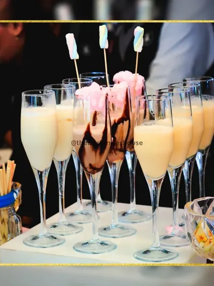 A lineup of our decadent dessert cocktails. We offer a variety of sweet concoctions, including chocolate shakes and creamy vanilla and caramel drinks, all beautifully presented.