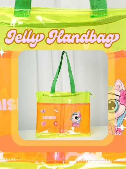 A look at our jelly handbag in a bright yellow and orange combination. This bag is personalized with the name 'Saisha' and a cute pony patch, making it a delightful gift.