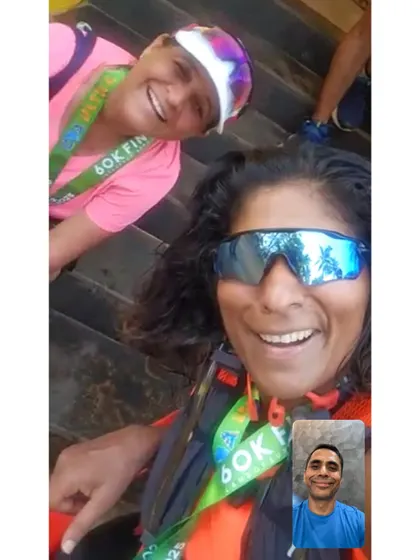 Another proud moment shared over a video call. Two of our runners celebrate together after finishing the tough 60k Hell Race in Goa's heat and humidity.