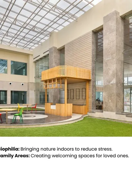 This image from Pragma Medical Institute demonstrates our use of biophilia to reduce stress. The indoor green space, visible from multiple levels, brings nature indoors and creates a welcoming environment for loved ones to gather.
