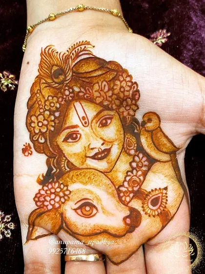 Hare Krishna. This is one of my favorite portraits, capturing the love between Krishna and his calf. The gentle expressions and soft details are a result of careful, meditative strokes.