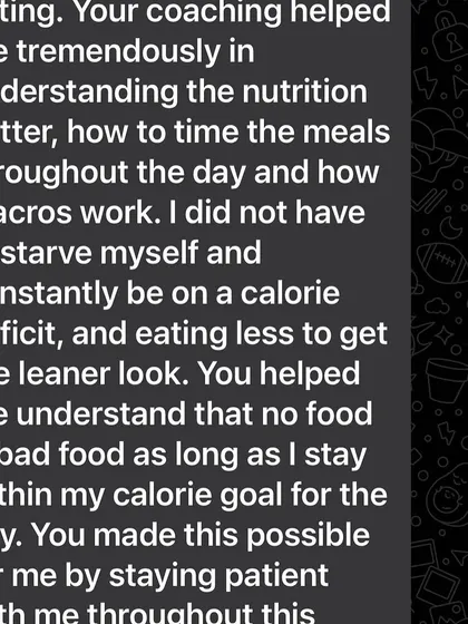 A client's testimonial explaining how my coaching helped her understand nutrition, macros, and that no food is "bad food," leading to a healthier relationship with eating.