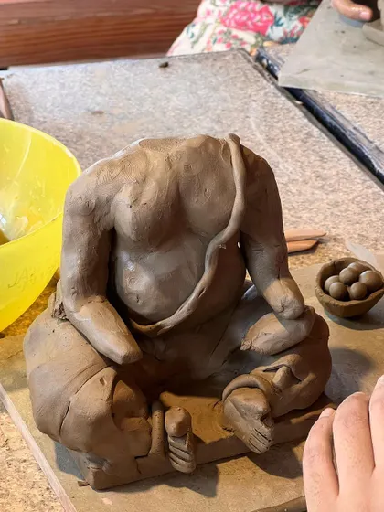 Glimpses from our Ganesha making workshops. You can see participants of all ages learning to sculpt, adding details, and bringing their beautiful idols to life under my guidance.