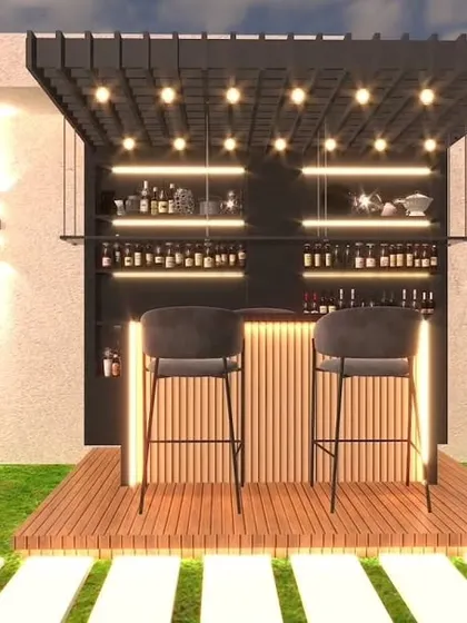 A proposed design for a modern outdoor bar. The render shows a well-lit bar with stylish stools, set on a wooden deck and ready for entertaining.
