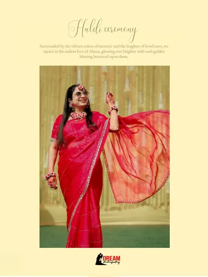 A classic portrait of Ahana, her red saree flowing as she smiles, capturing the happiness of her Haldi ceremony.