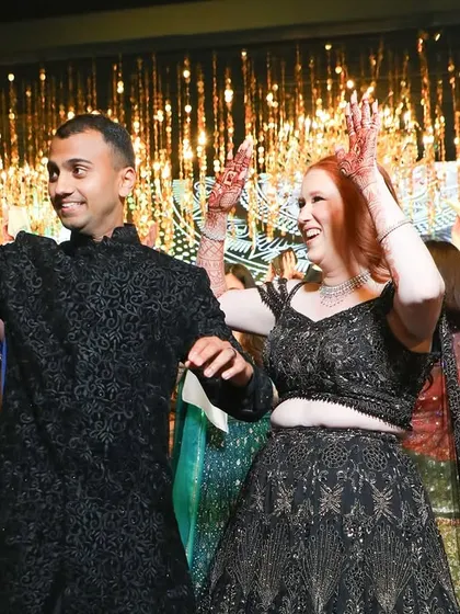 The bride and groom enjoying a fun dance moment with all their guests. We choreograph finales that bring everyone together on the dance floor.