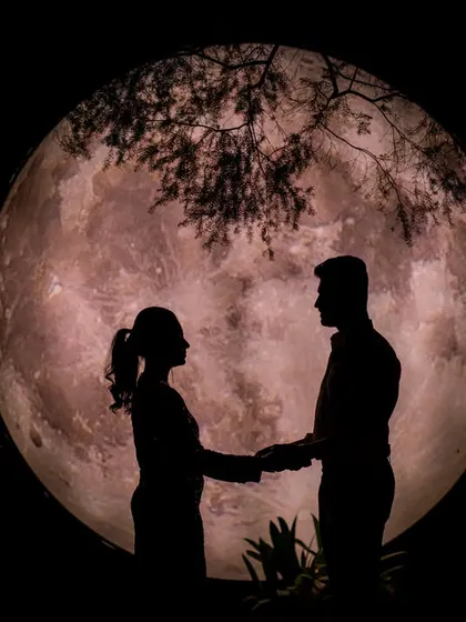 Another beautiful silhouette against the moon, capturing a tender moment of holding hands. These shots are simple, elegant, and incredibly romantic.