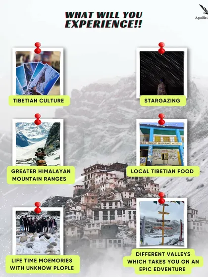 What will you experience in Spiti? This graphic breaks it down: Tibetan culture, stargazing, Himalayan views, local food, and lifelong memories with new people.