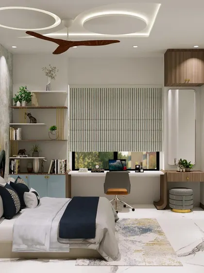 This compact bedroom is designed to feel spacious with a light color palette, a large window, and integrated study and dressing units.