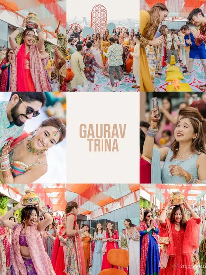 A creative collage capturing the colorful and joyous atmosphere of the Mehendi ceremony, with guests and the couple enjoying the festivities.