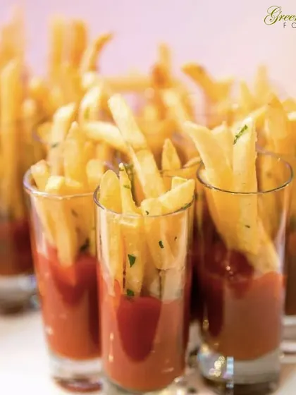 A kid-friendly favorite with a fun presentation. These French fry shots with ketchup at the bottom are a huge hit at birthday parties, making them easy and fun for our youngest guests to eat.