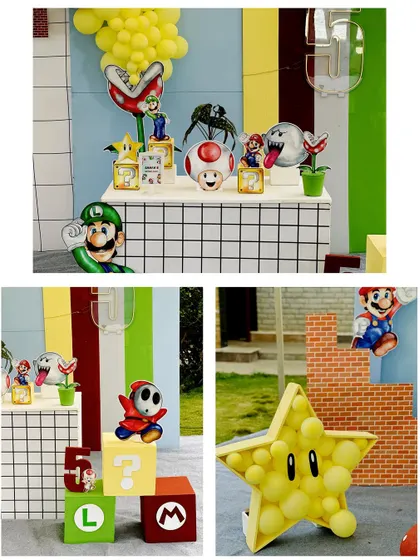 Details from our Super Mario party, including a Piranha Plant, a Boo ghost, and a star made of balloons. We bring every element of the game to life.
