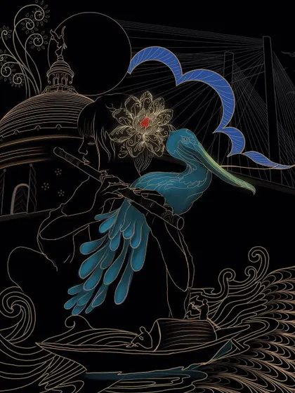 Another variation of the 'Sonar Tori' illustration, this time with a flowing blue ribbon that adds a touch of color and movement to the composition.
