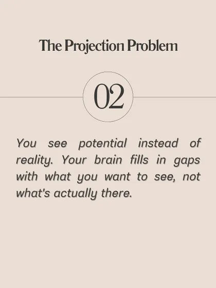 **Here is why you keep attracting the wrong people.** It's not you; it's your programming. You're not attracted to what's good for you, but what feels familiar (the familiarity trap). You see potential instead of reality (the projection problem). Your subconscious is running a program you didn't even install, but you can overwrite it.