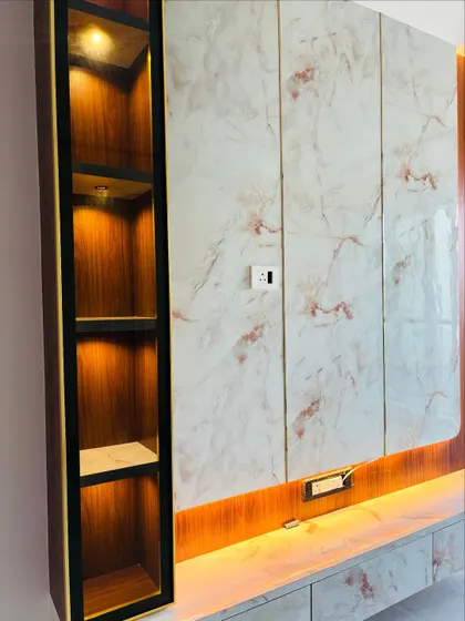 A close-up of the integrated display cabinet with its own internal lighting, perfect for showcasing decorative items.