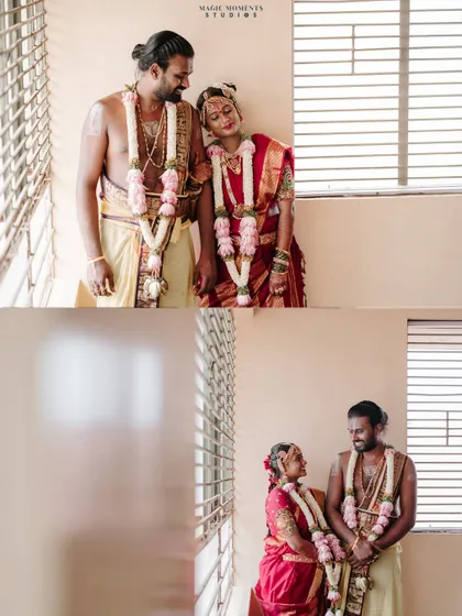 A collage of the couple sharing a quiet moment. The composition uses the window to frame them, creating a sense of intimacy.
