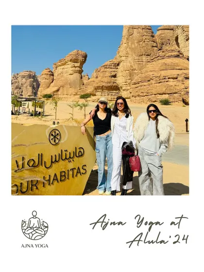 Our group at the entrance to Our Habitas in Al-Ula. Each retreat brings together a unique group of souls, and it's an honor to hold space for the connections that form.