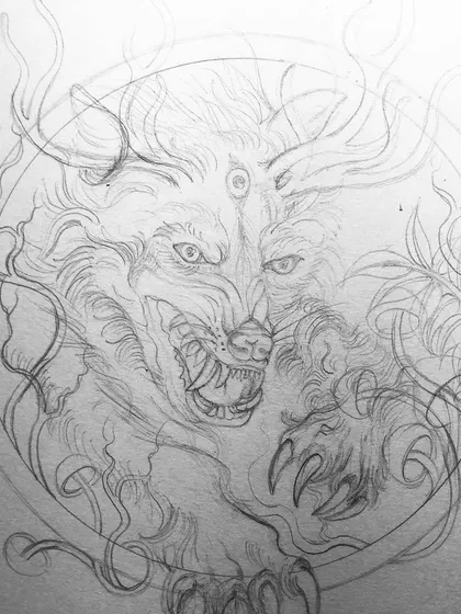 The initial pencil sketch for my "Fenrus" wolf piece. Here you can see the raw energy and composition before the final ink details are added.