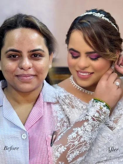 A stunning before and after of a Christian bride. The transformation focuses on creating a smooth, hydrated base and a vibrant eye look that complements her white gown.